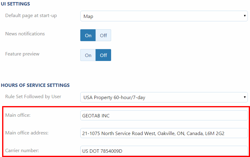 hos dot settings driver options