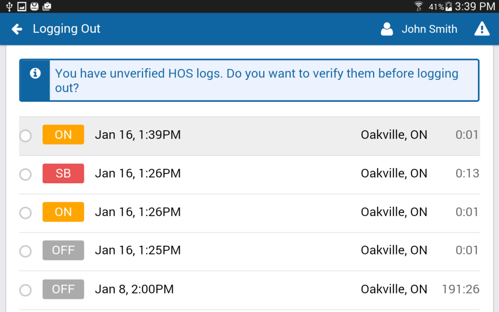 geotab hos drive verify upon logout