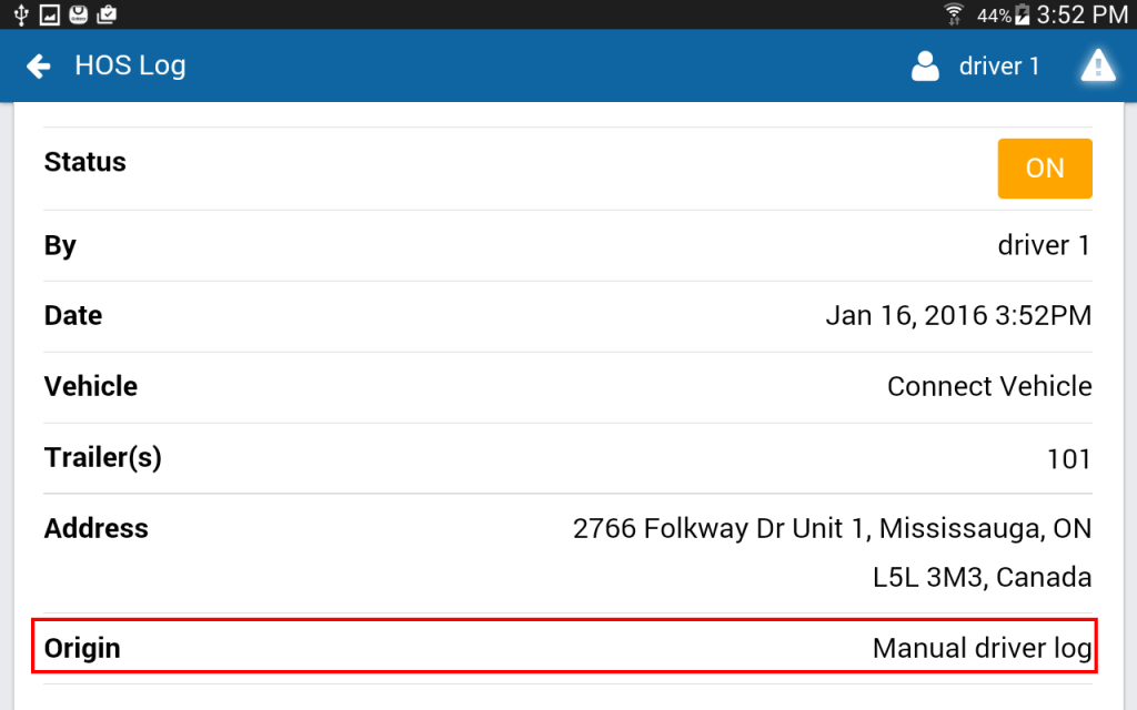 geotab drive hos log origin